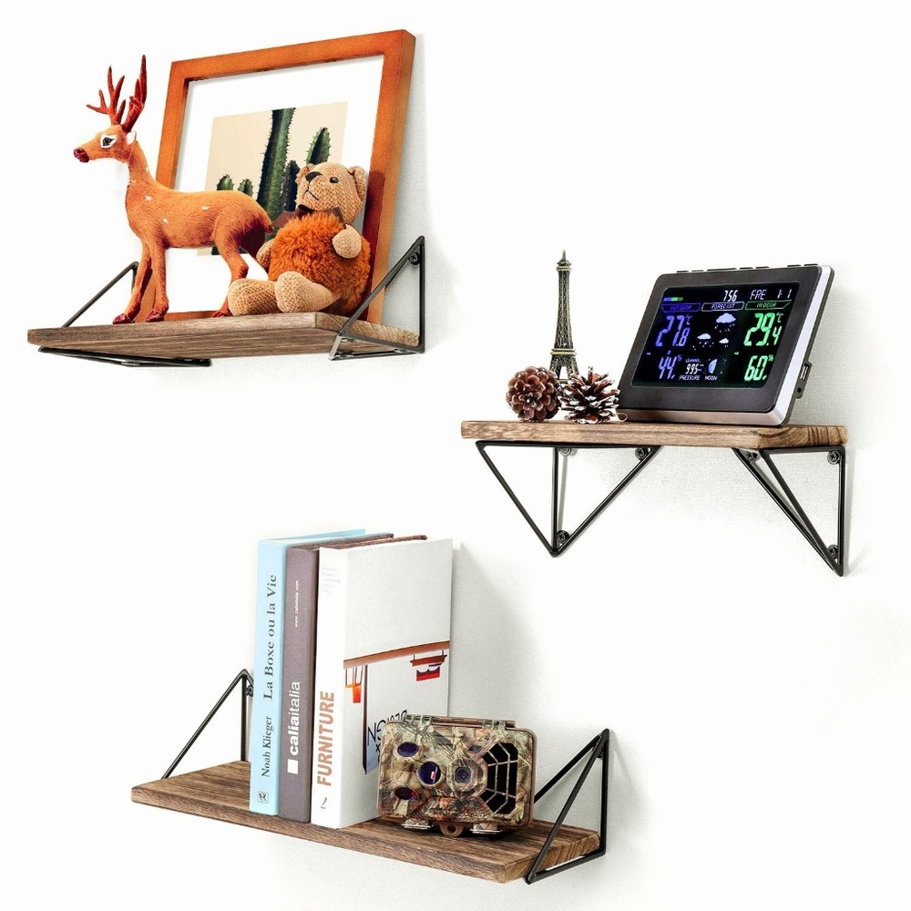 NEW Display Shelves Floating Wall Shelving w Metal Brackets Natural Wood Color